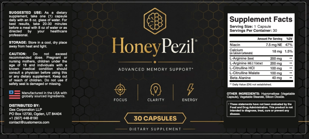 HoneyPezil supplement facts label – complete ingredient list, dosages, and nutritional information